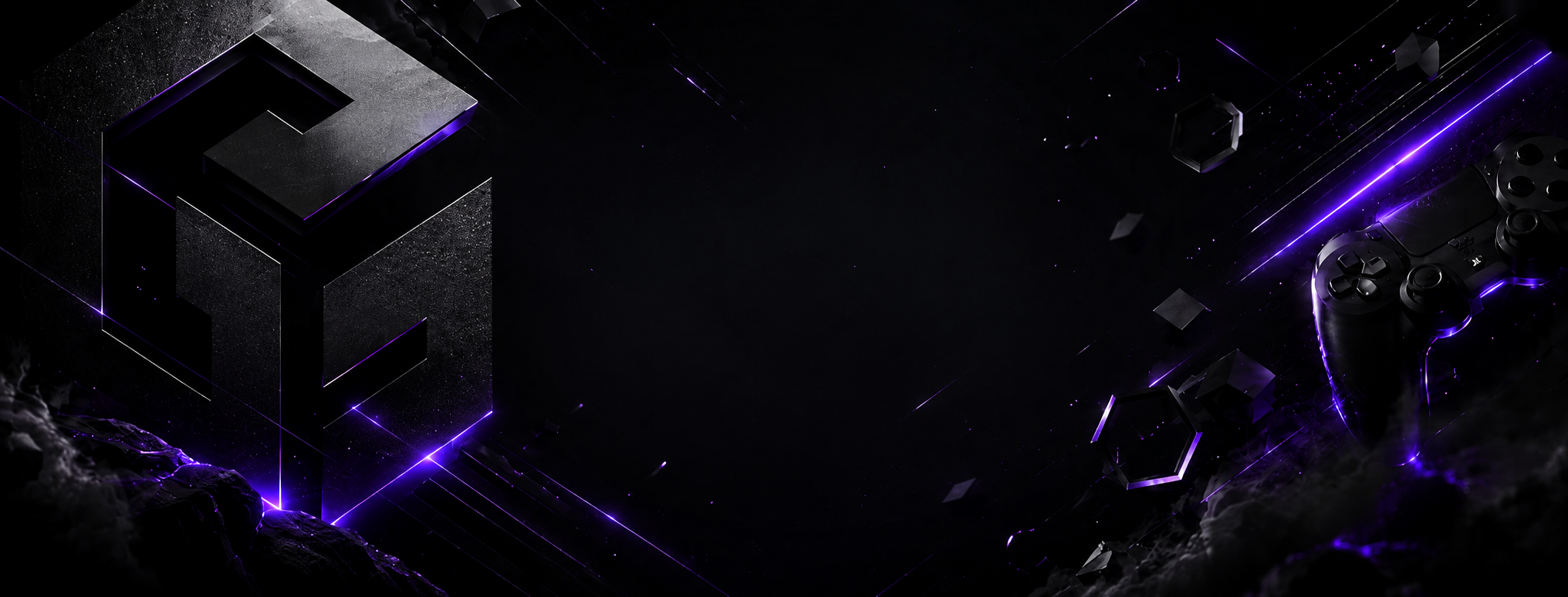 Banner tecnológico oscuro con símbolo de Grita Games y mando gaming